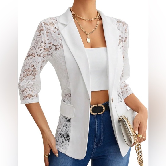 S Women Lace Single Button Shirt Open Front Lapel Neck Long Sleeve - Picture 9 of 14